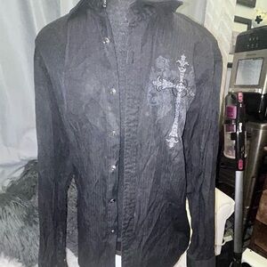 Avalon Collection💋 Y2K Vintage Men's Black Cross Button Down Shirt Size S 115